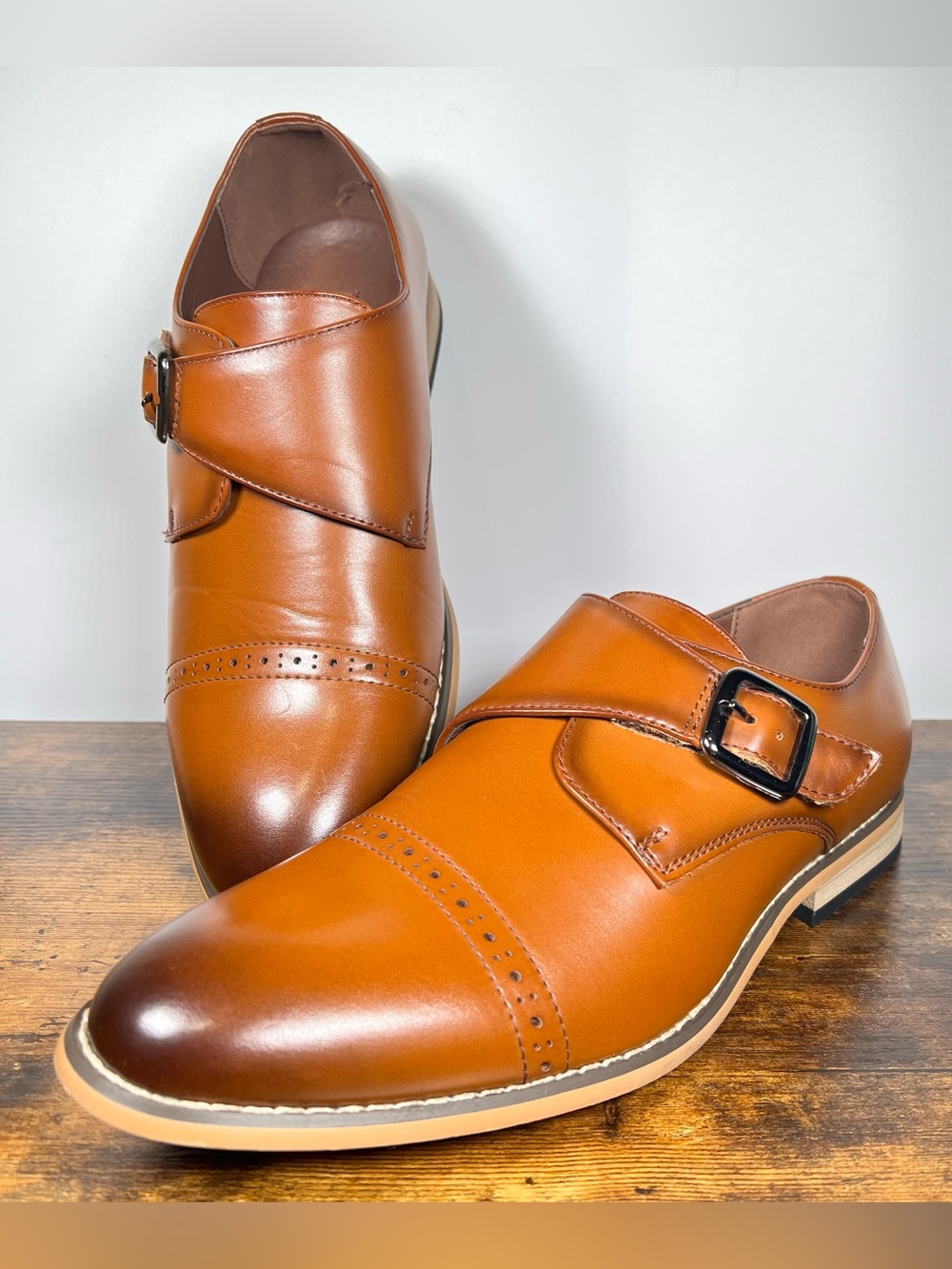 🍂 Men's Tan Monk Strap Brogue Dress Shoes, Like New Stacy Adams, Faux Leather
